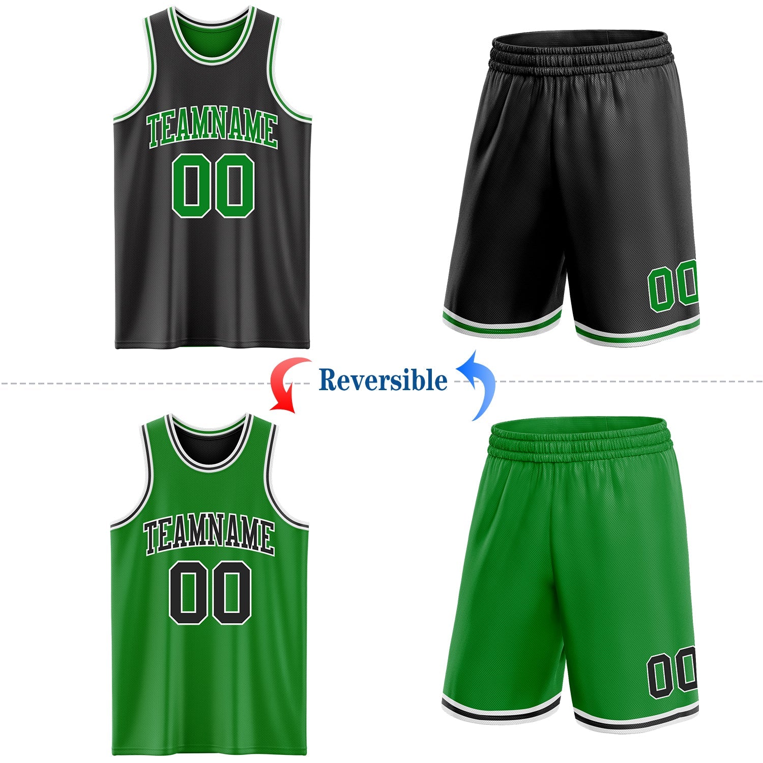 Custom Reversible Black Grass Green-White Double Side Sublimation Basketball Suit Jersey