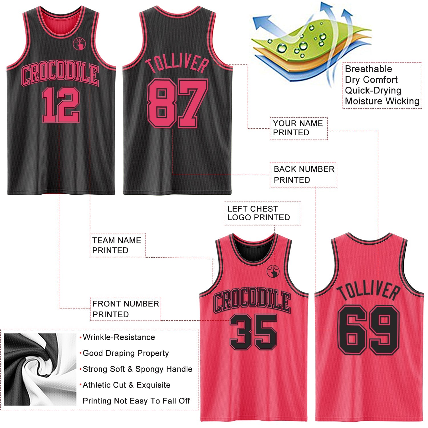 Custom Reversible Black Neon Pink Double Side Sublimation Basketball Suit Jersey