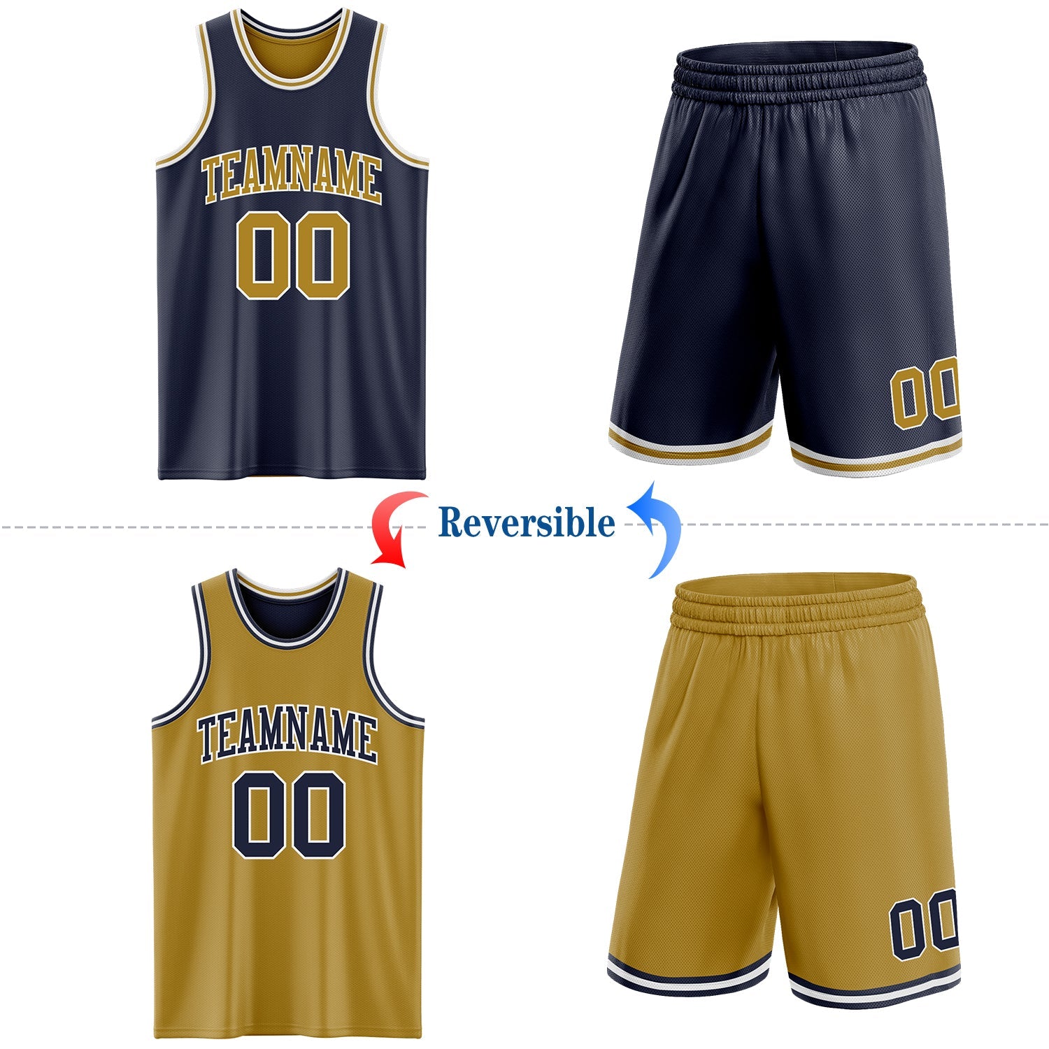 Custom Navy Old Gold-White Reversible Double Side Sublimation Basketball Suit Jersey