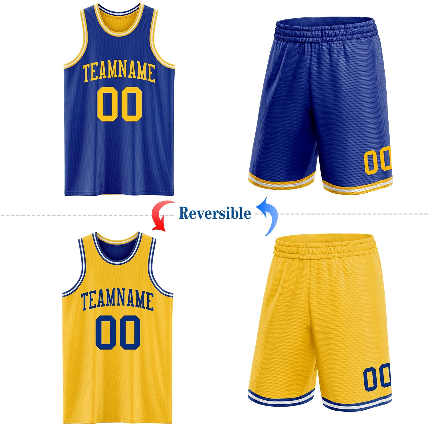 Custom Royal Gold-White Reversible Double Side Sublimation Basketball Suit Jersey