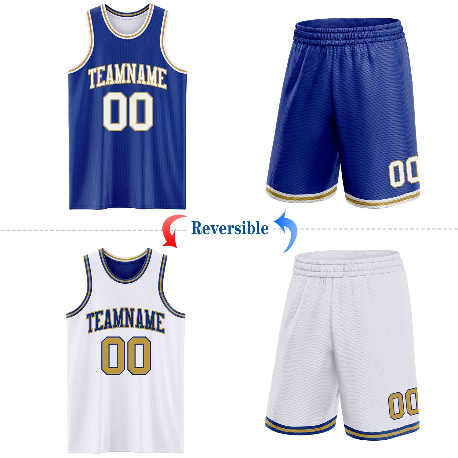 Custom Royal White-Old Gold Reversible Double Side Sublimation Basketball Suit Jersey