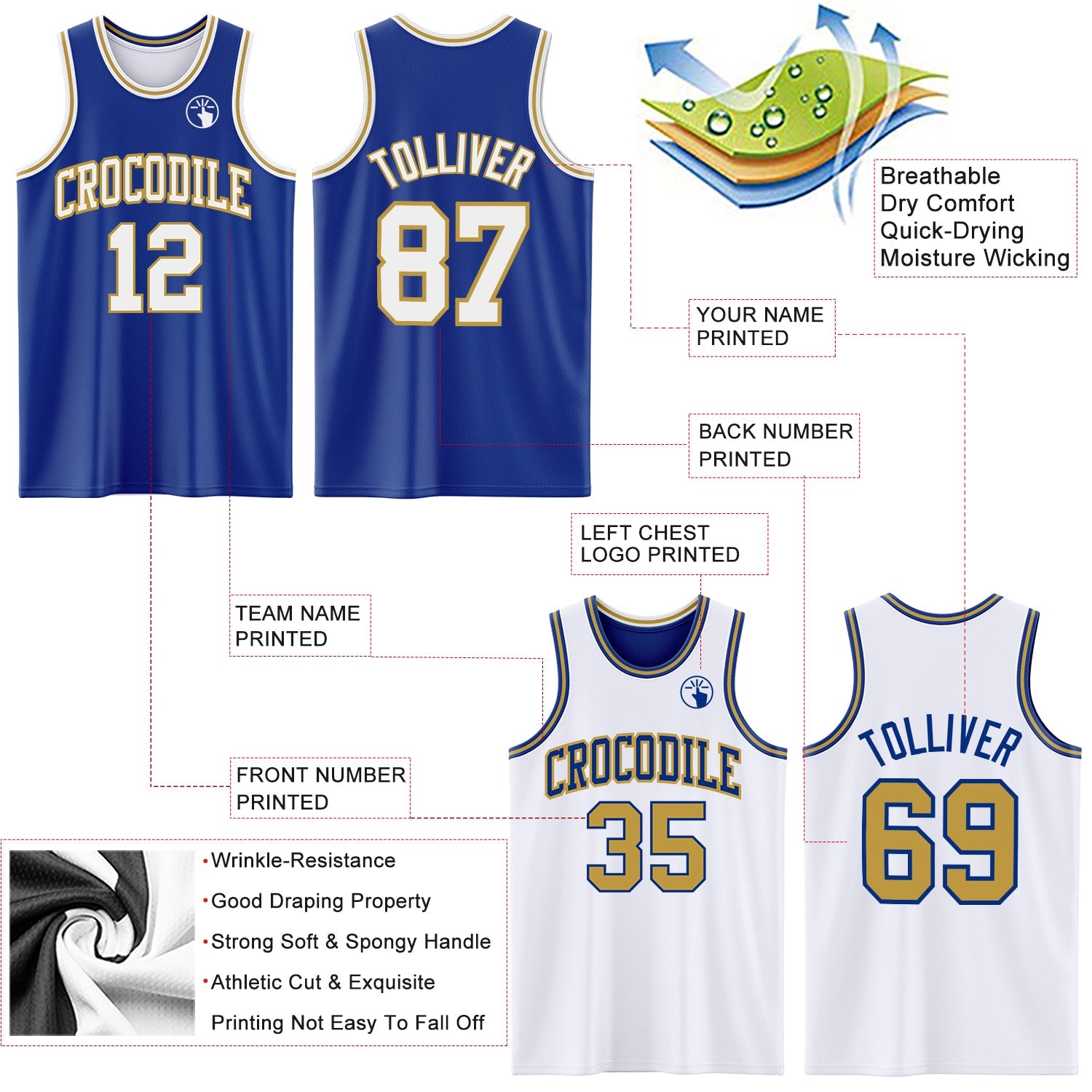 Custom Royal White-Old Gold Reversible Double Side Sublimation Basketball Suit Jersey