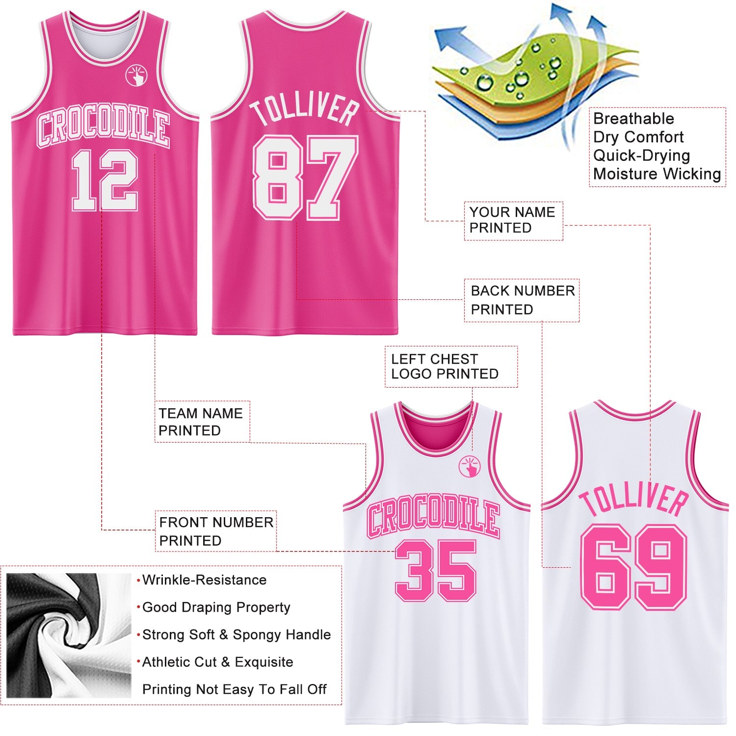 Custom Pink White Reversible Double Side Sublimation Basketball Suit Jersey
