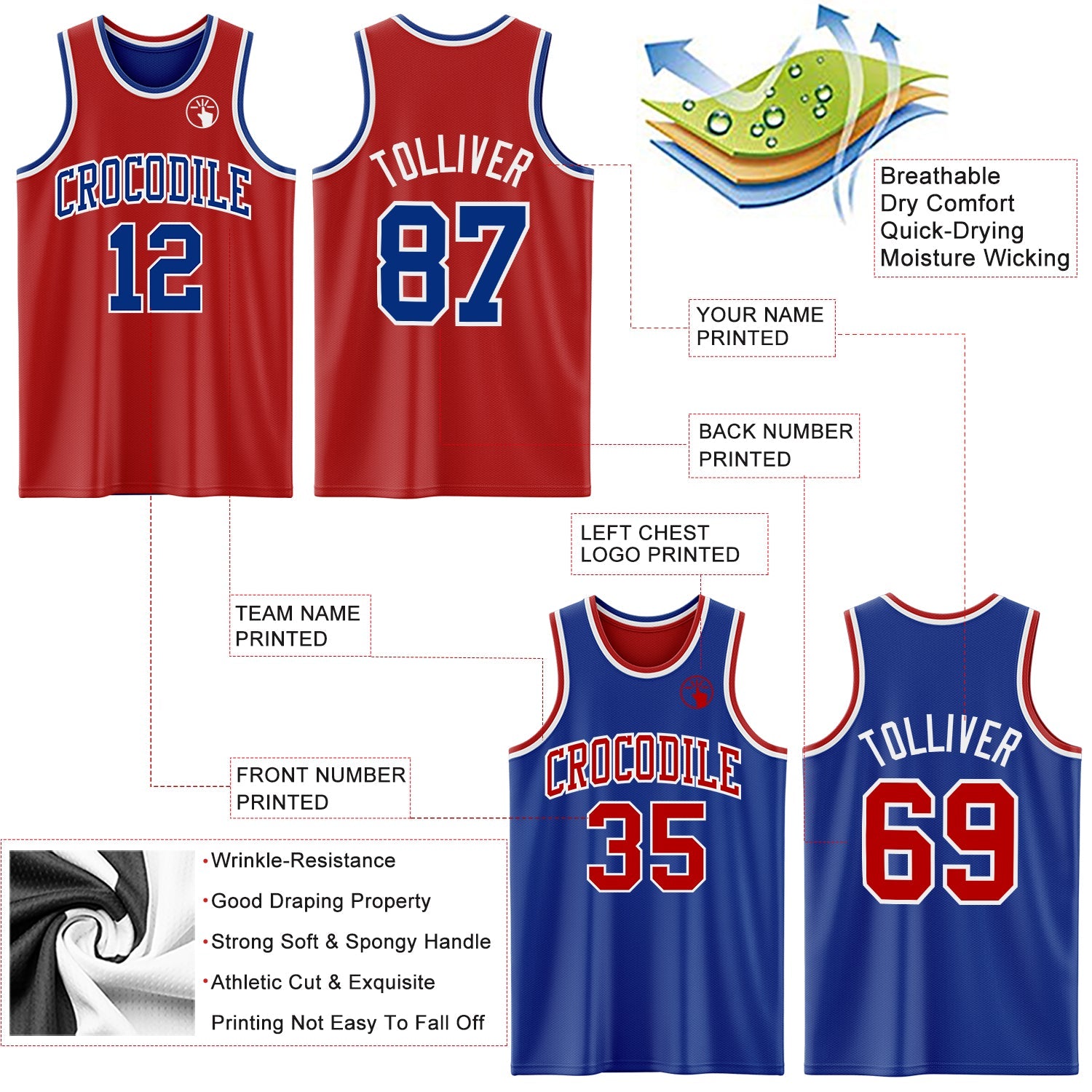 Custom Red Royal-White Reversible Double Side Sublimation Basketball Suit Jersey