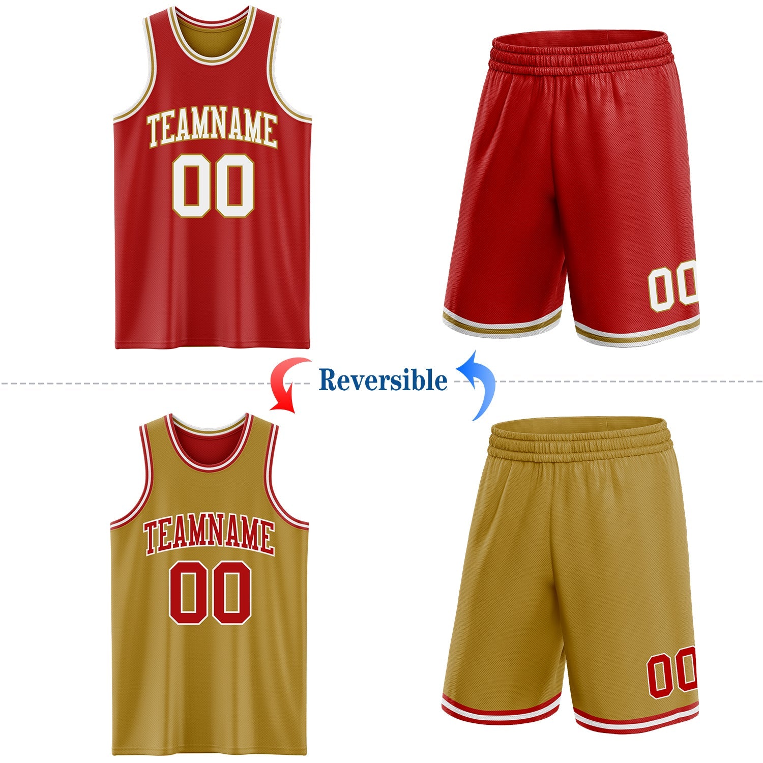 Custom Red White-Old Gold Reversible Double Side Sublimation Basketball Suit Jersey