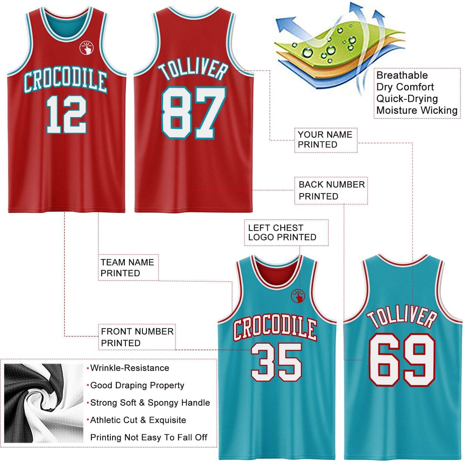 Custom Red White-Teal Reversible Double Side Sublimation Basketball Suit Jersey
