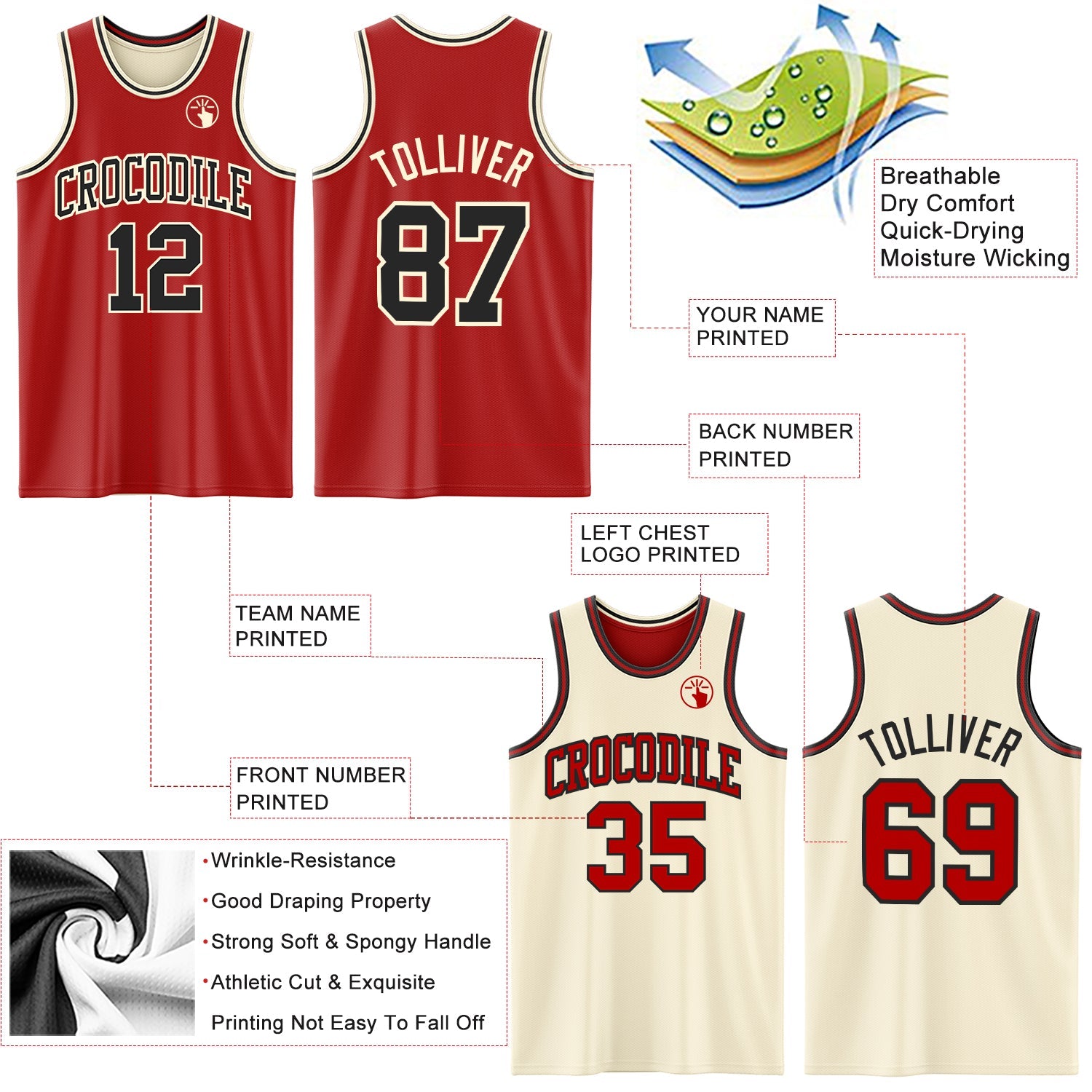 Custom Red Black-Cream Reversible Double Side Sublimation Basketball Suit Jersey