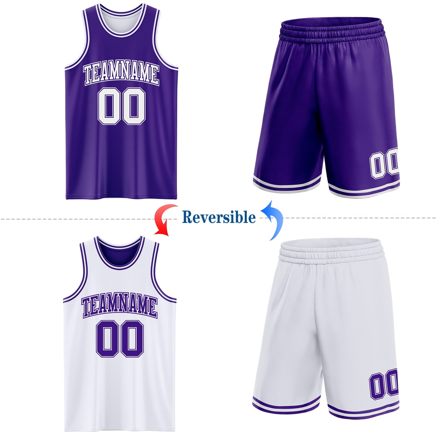 Custom Purple White Reversible Double Side Sublimation Basketball Suit Jersey