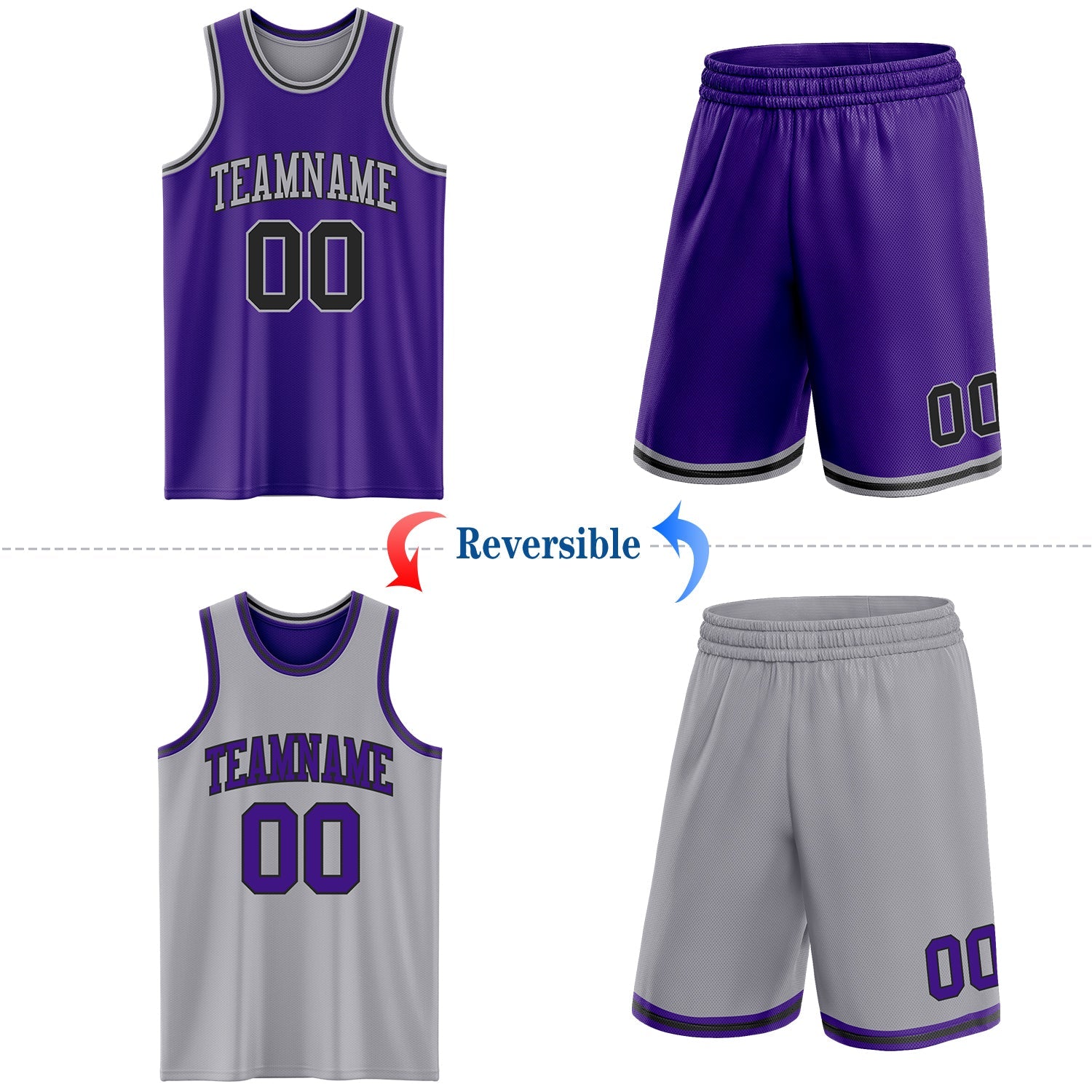 Custom Purple Black-Gray Reversible Double Side Sublimation Basketball Suit Jersey