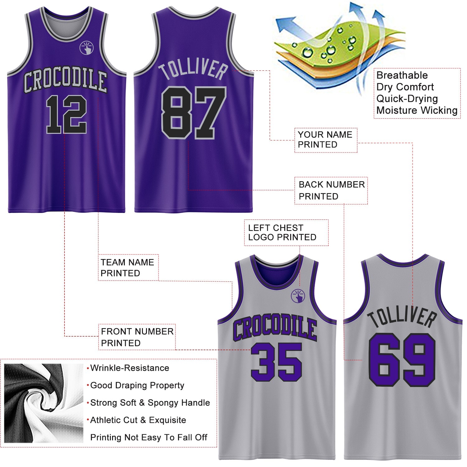 Custom Purple Black-Gray Reversible Double Side Sublimation Basketball Suit Jersey