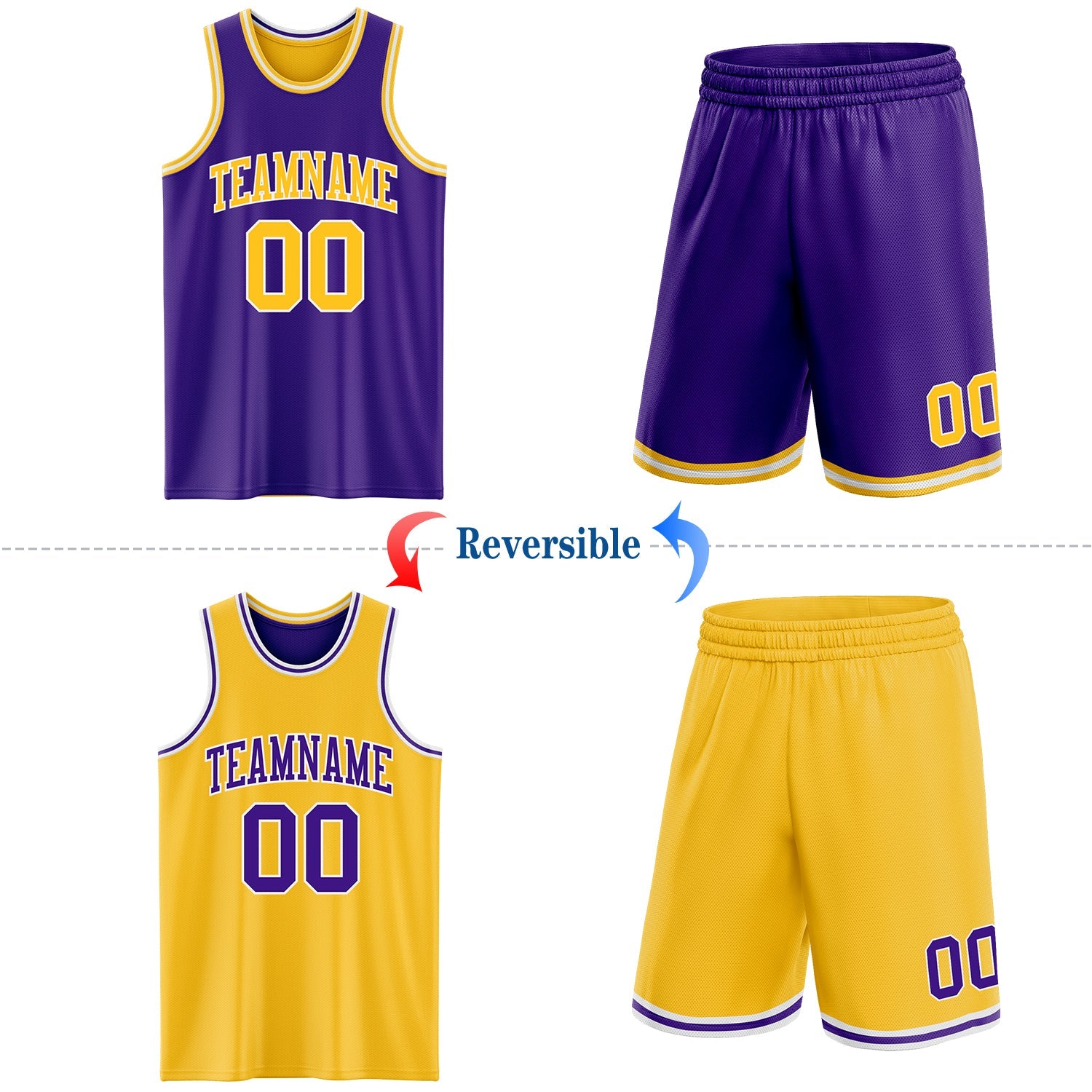 Custom Purple Gold-White Reversible Double Side Sublimation Basketball Suit Jersey