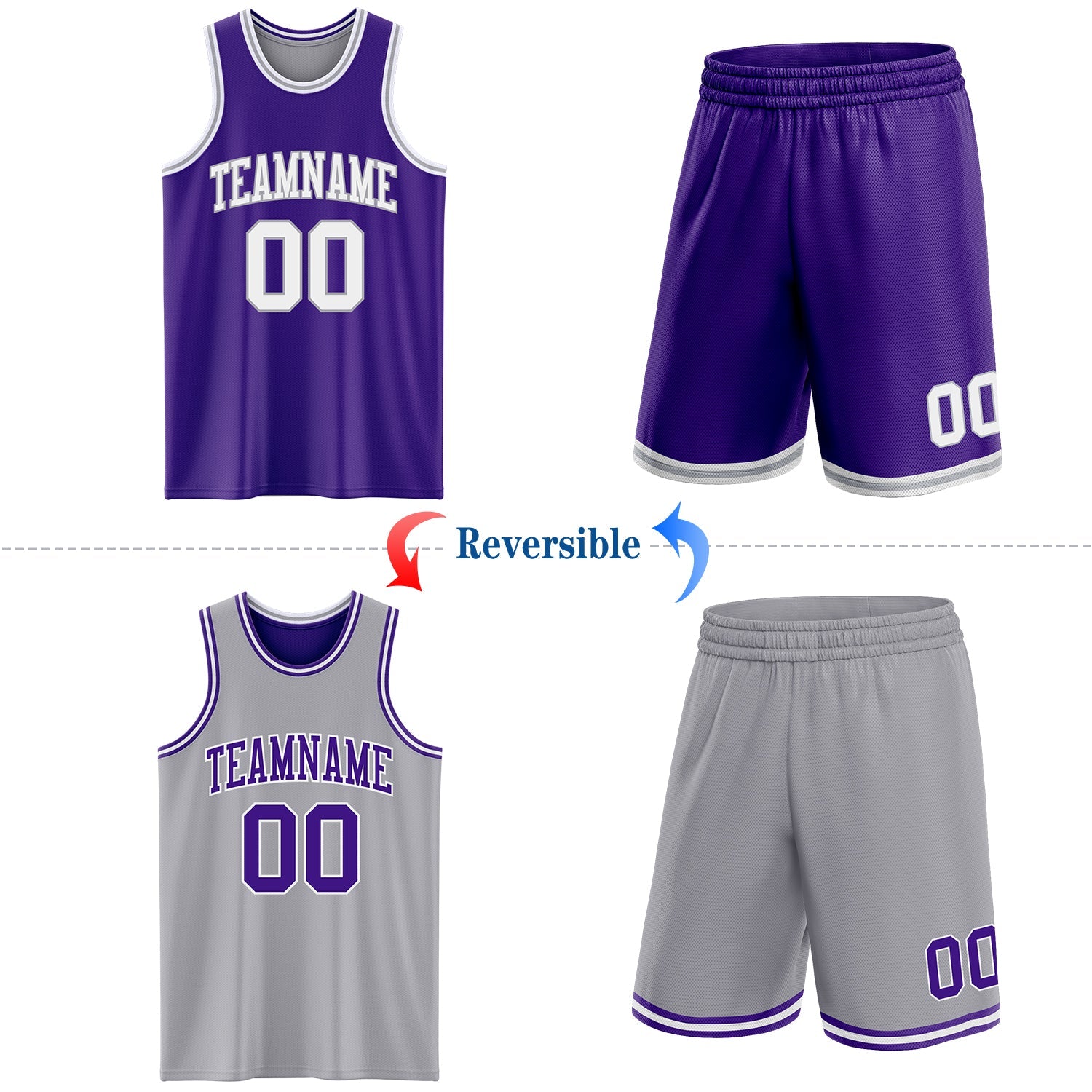 Custom Purple White-Gray Reversible Double Side Sublimation Basketball Suit Jersey