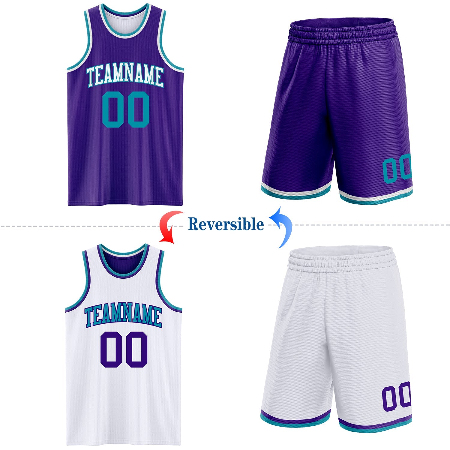 Custom Purple Teal-White Reversible Double Side Sublimation Basketball Suit Jersey
