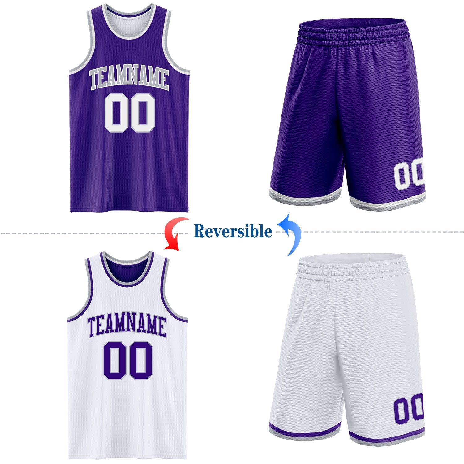 Custom Reversible Purple White-Gray Double Side Sublimation Basketball Suit Jersey
