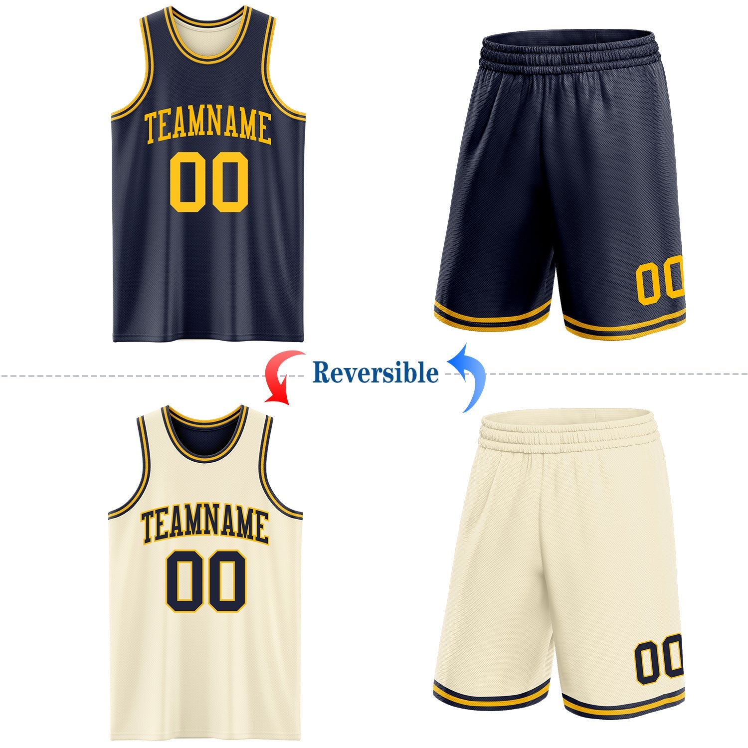 Custom Reversible Navy Gold Double Side Sublimation Basketball Suit Jersey