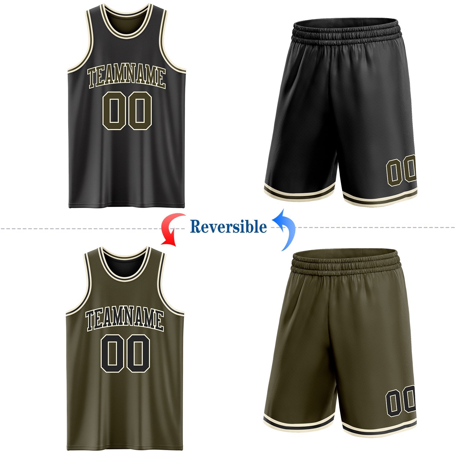 Custom Reversible Black Olive-Cream Double Side Sublimation Basketball Suit Jersey