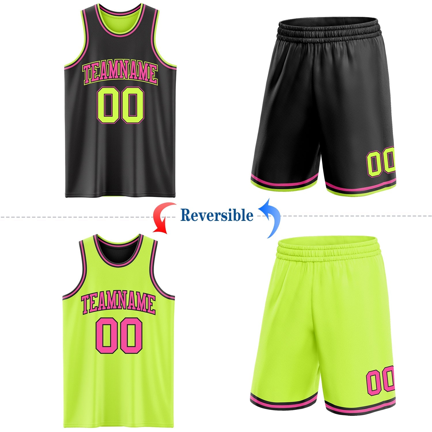 Custom Reversible Black Neon Green-Pink Double Side Sublimation Basketball Suit Jersey