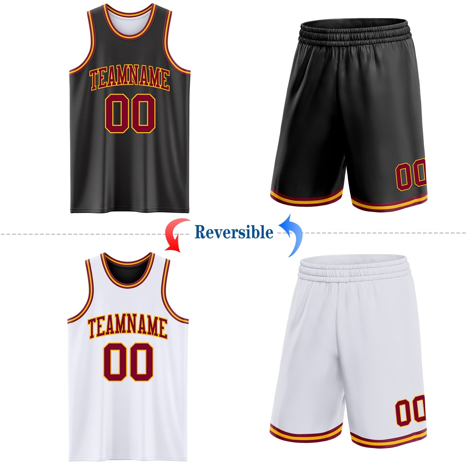 Custom Reversible Black Maroon-Gold Double Side Sublimation Basketball Suit Jersey