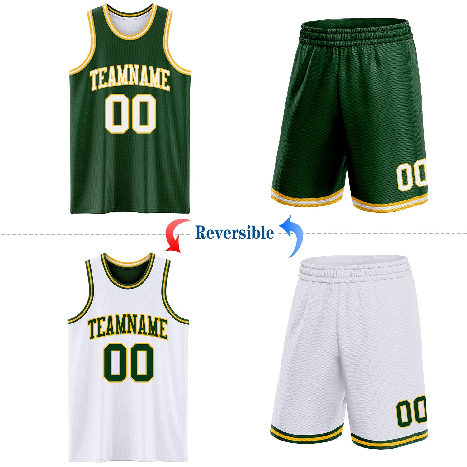 Custom Reversible Green White-Gold Double Side Sublimation Basketball Suit Jersey