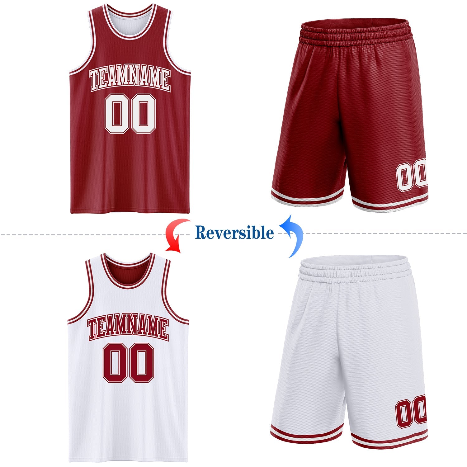 Custom Reversible Maroon White Double Side Sublimation Basketball Suit Jersey