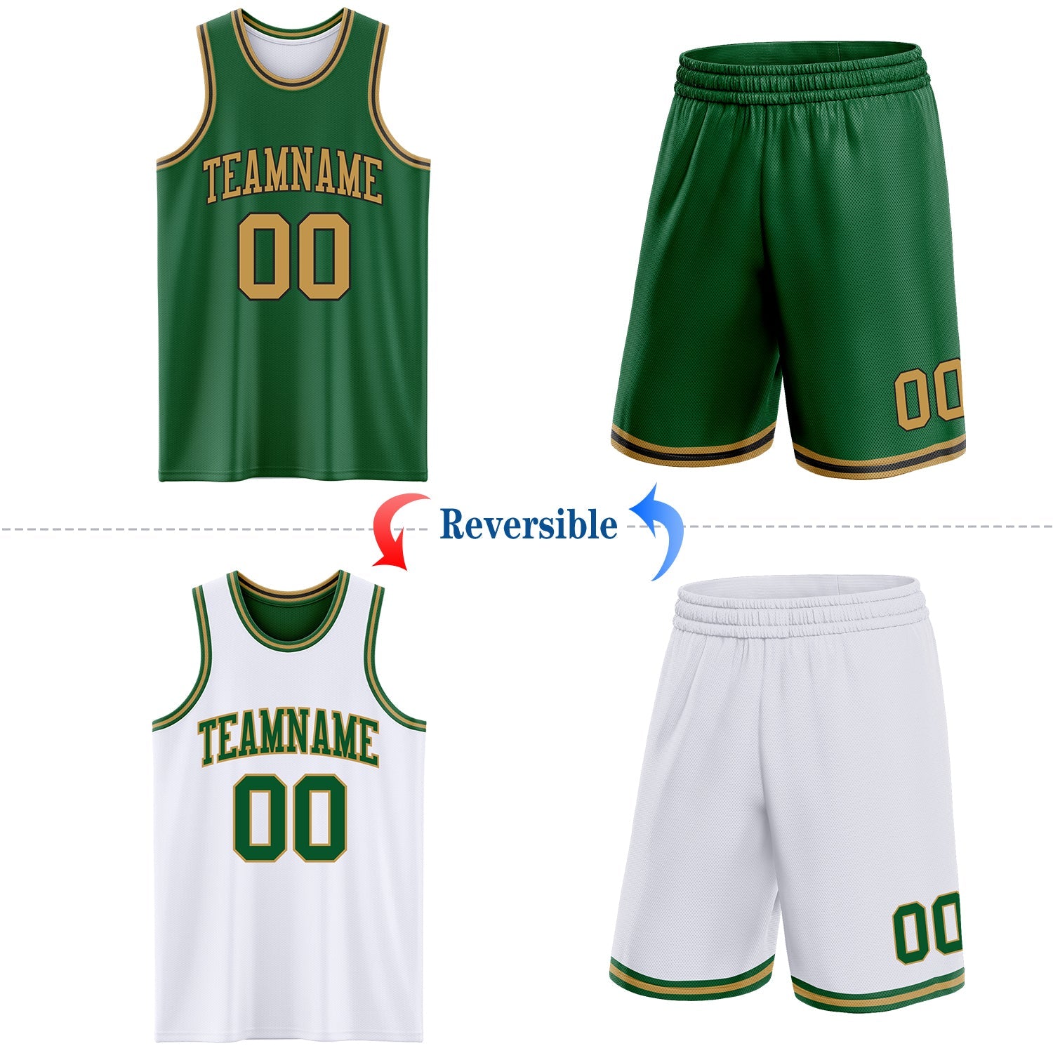 Custom Reversible Kelly Green Old Gold-Black Double Side Sublimation Basketball Suit Jersey