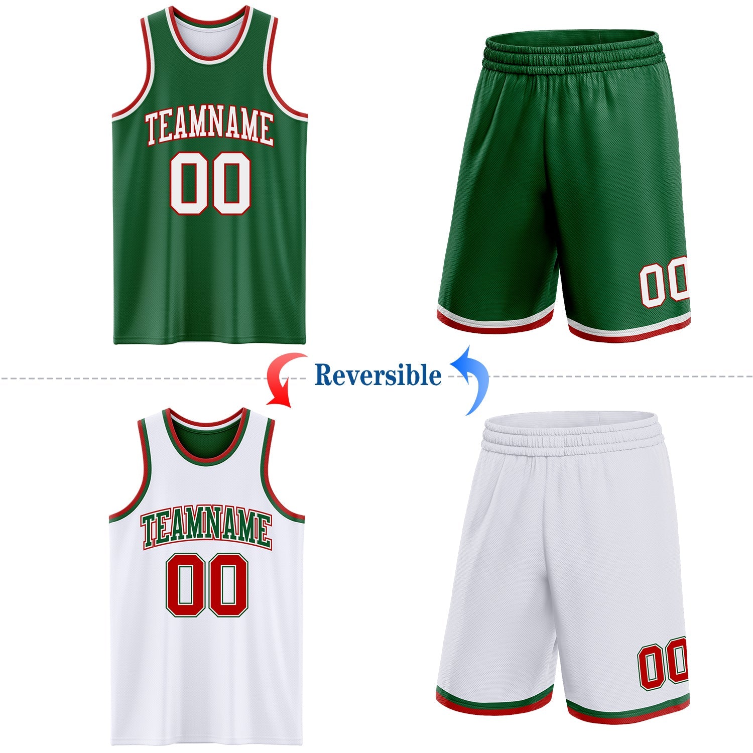 Custom Reversible Kelly Green White-Red Double Side Sublimation Basketball Suit Jersey