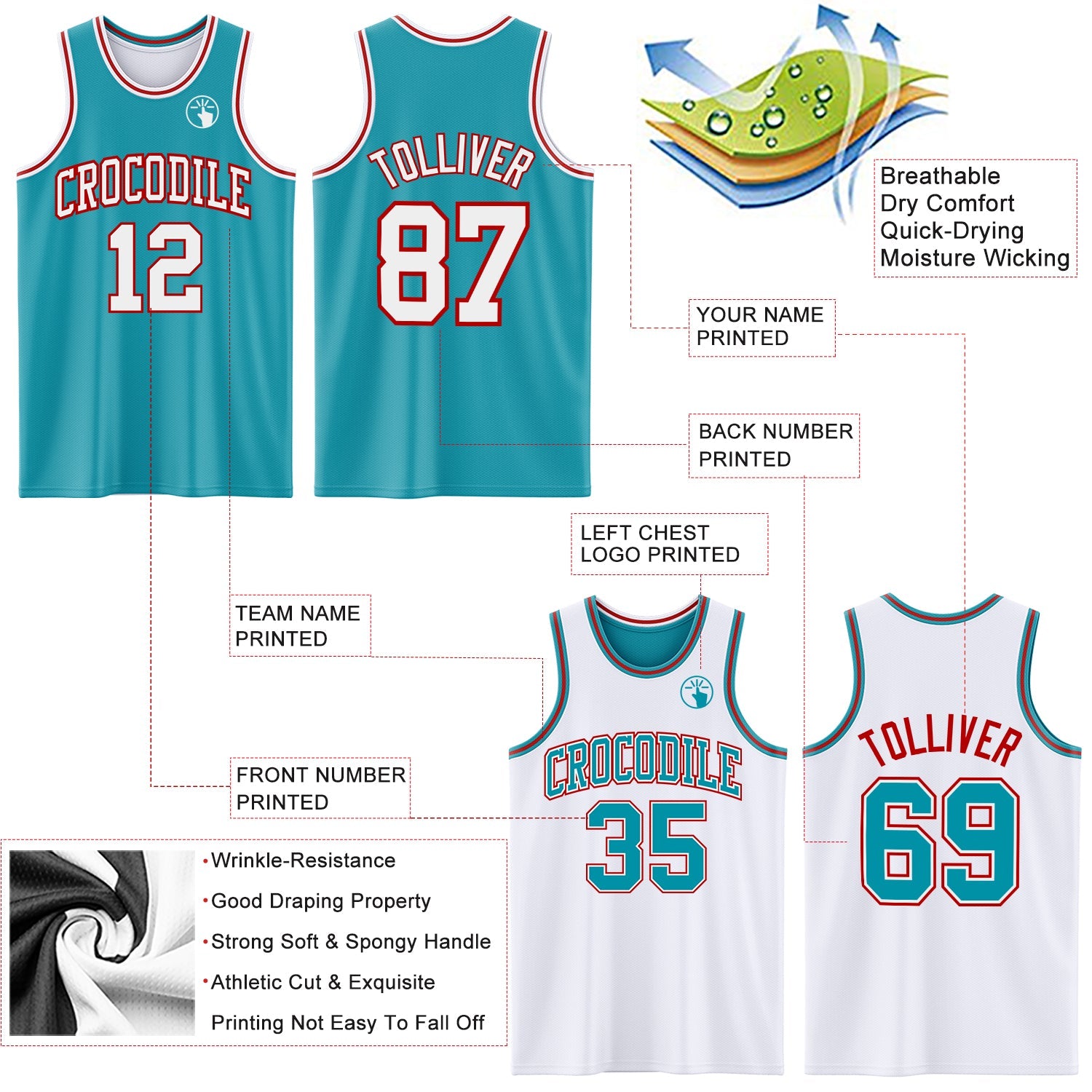 Custom Reversible Teal White-Red Double Side Sublimation Basketball Suit Jersey