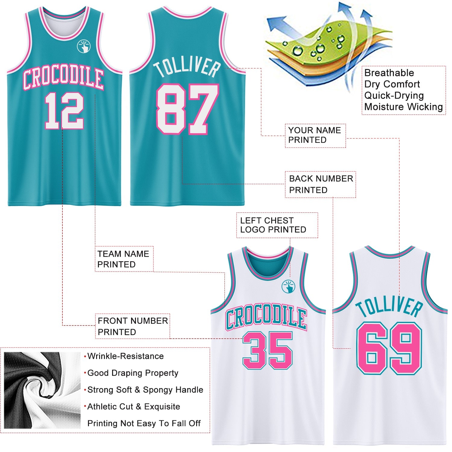 Custom Reversible Teal White-Pink Double Side Sublimation Basketball Suit Jersey