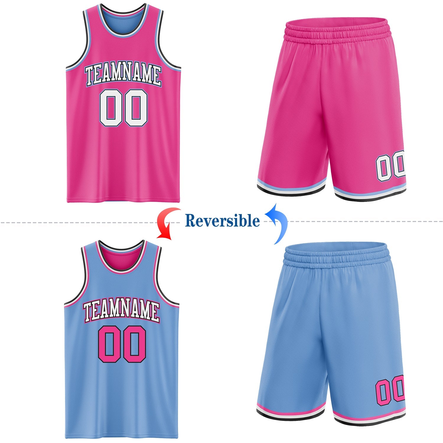Custom Reversible Pink Black-Light Blue Double Side Sublimation Basketball Suit Jersey