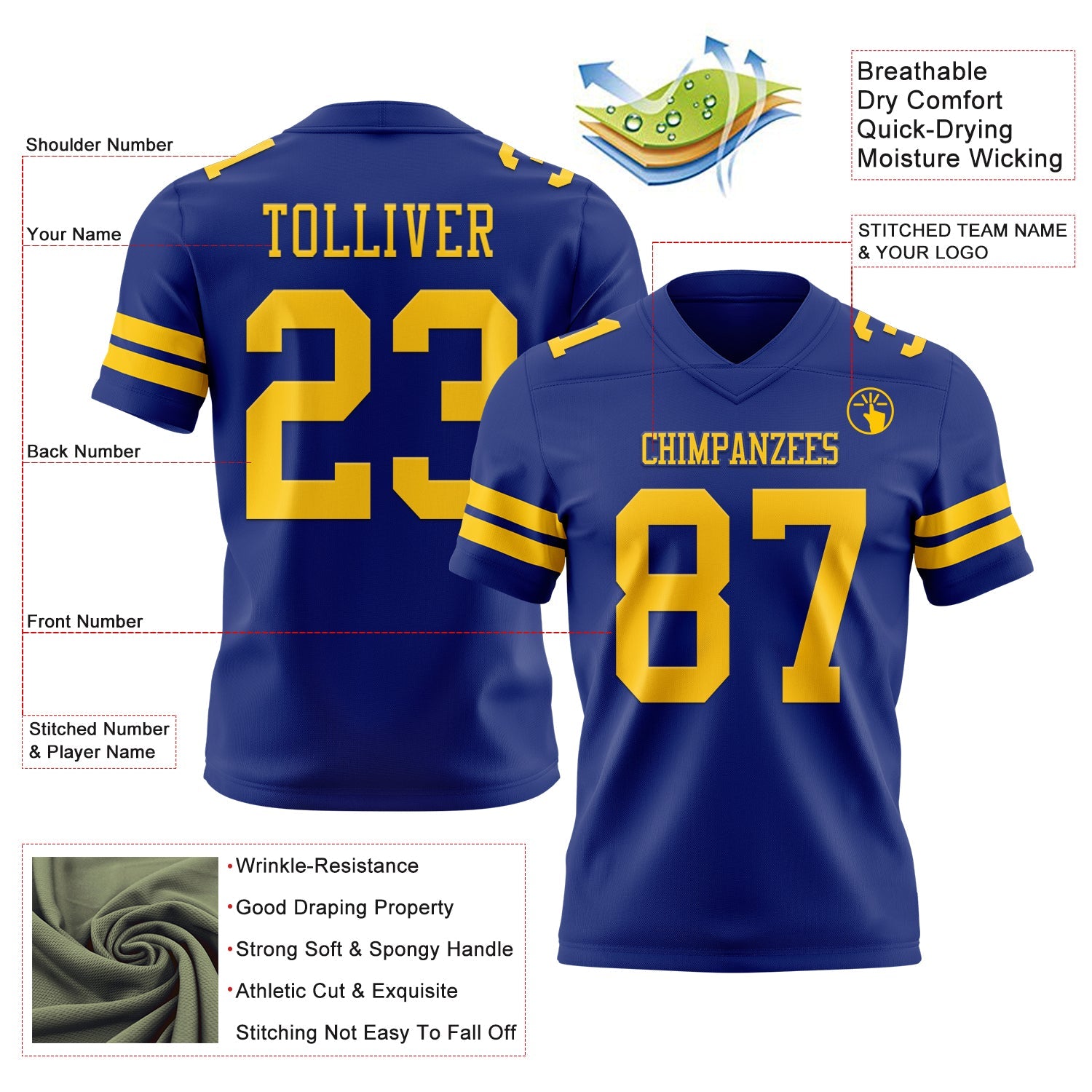 Custom Royal Yellow Authentic Football Jersey