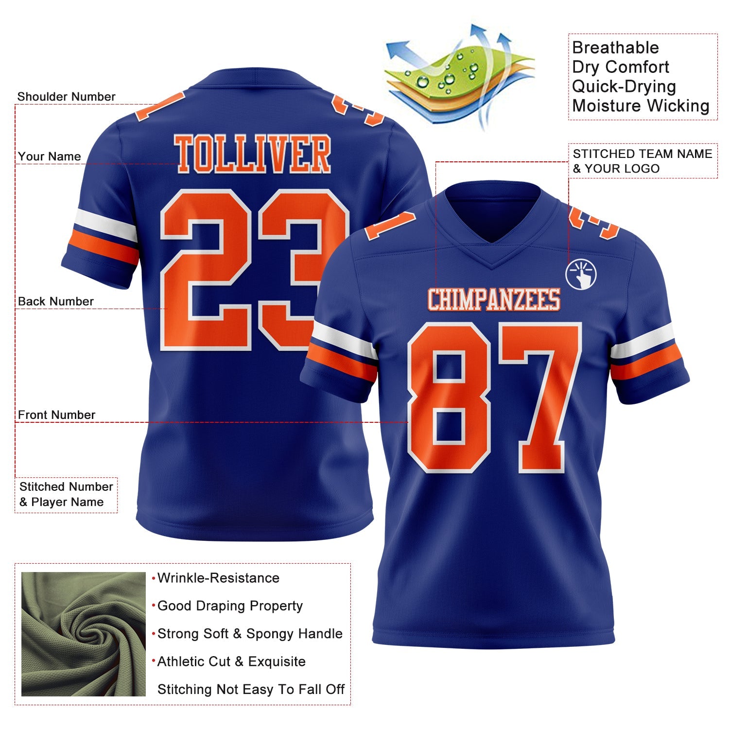 Custom Royal Orange-White Authentic Football Jersey