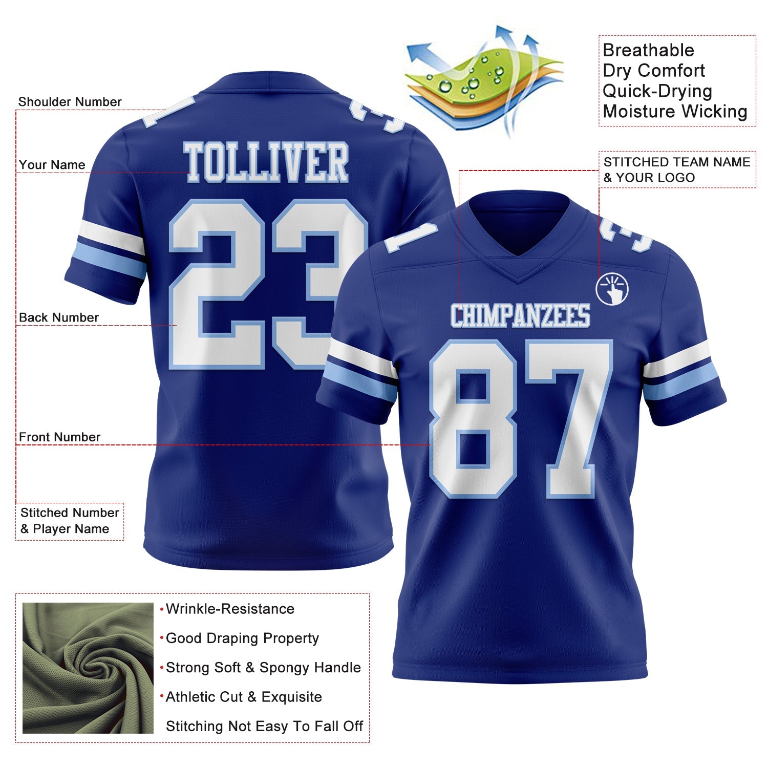 Custom Royal White-Light Blue Authentic Football Jersey