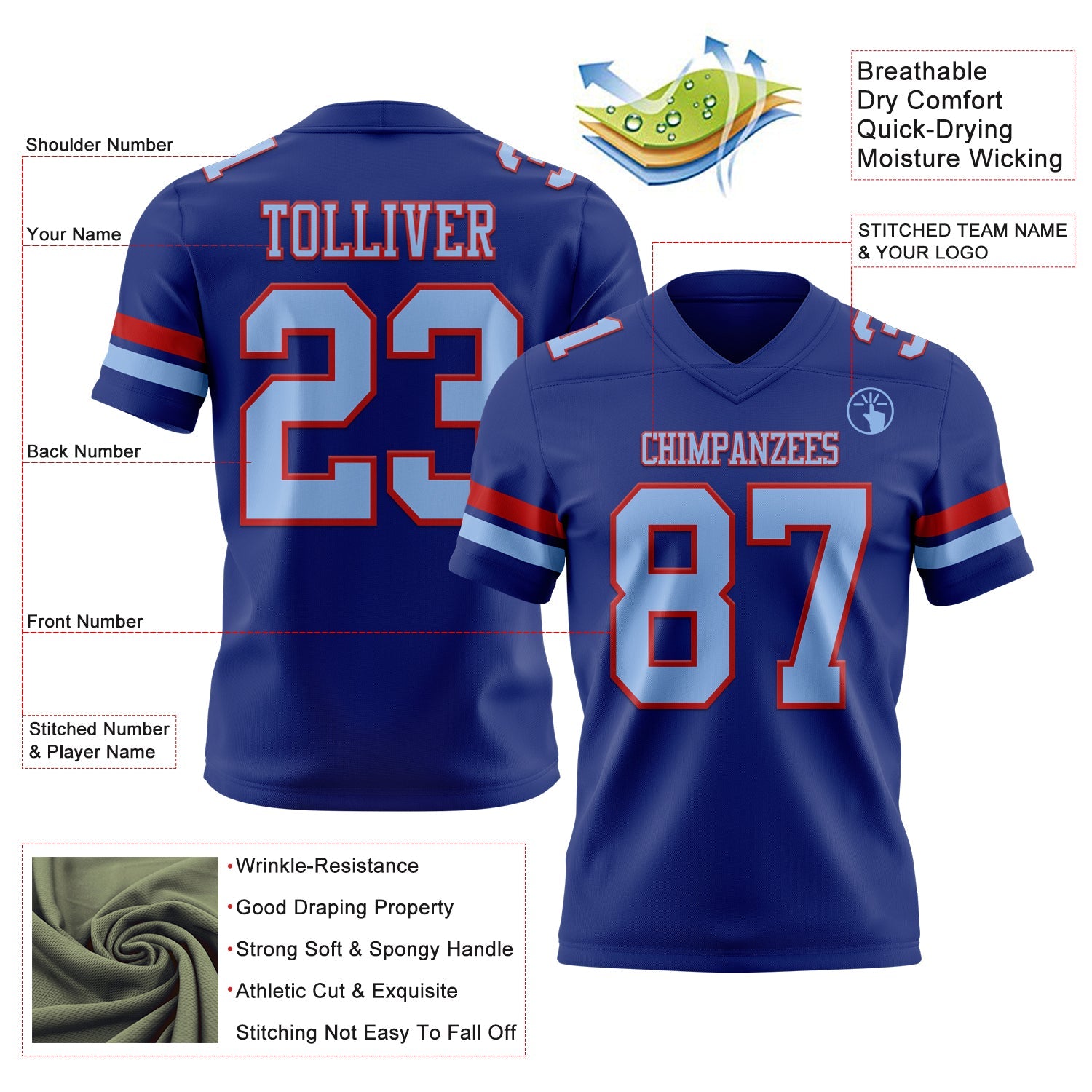 Custom Royal Light Blue-Red Authentic Football Jersey