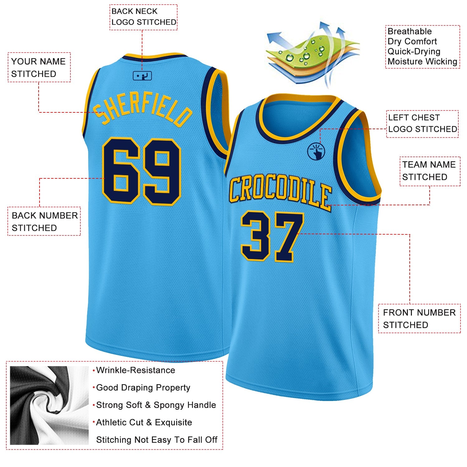 Custom Sky Blue Navy-Gold Authentic Basketball Jersey