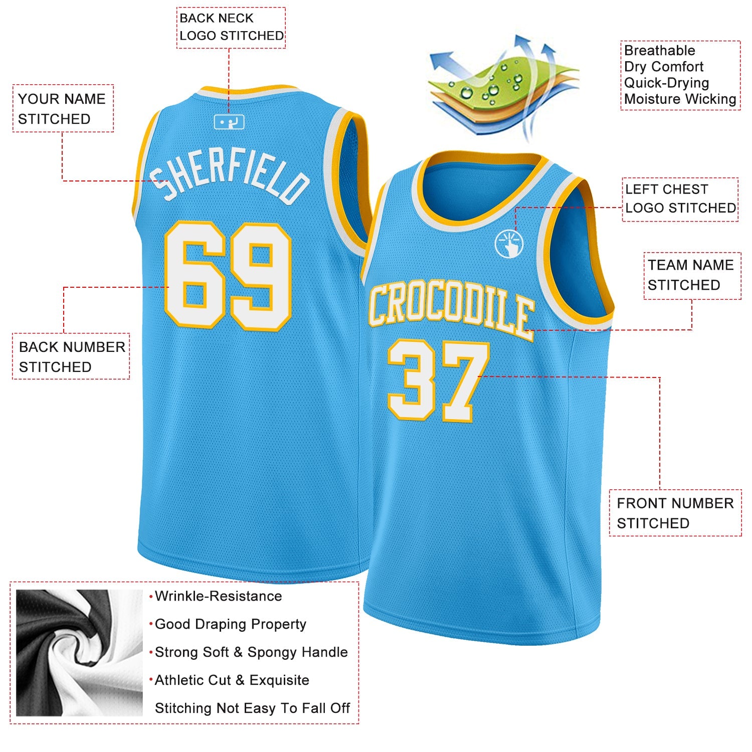 Custom Sky Blue White-Gold Authentic Basketball Jersey