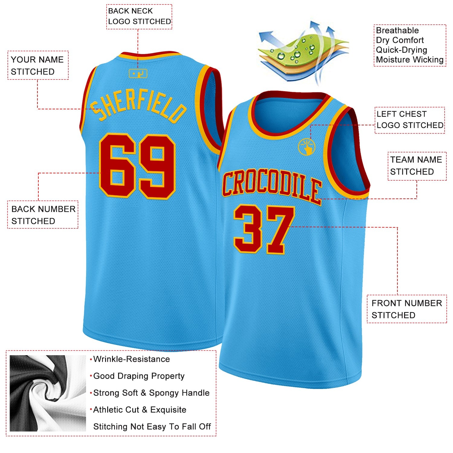 Custom Sky Blue Red-Gold Authentic Basketball Jersey
