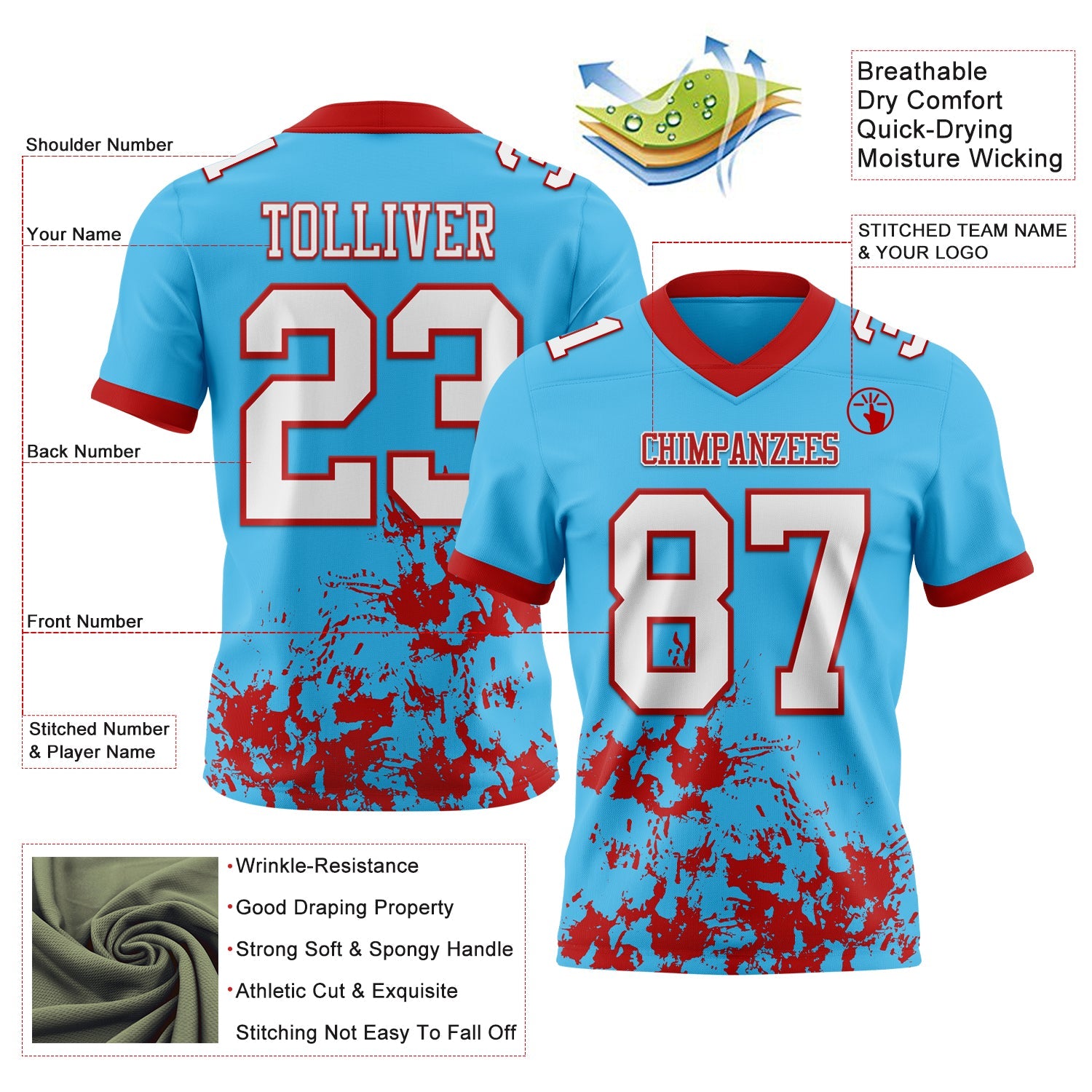 Custom Sky Blue White-Red 3D Pattern Splash Authentic Football Jersey