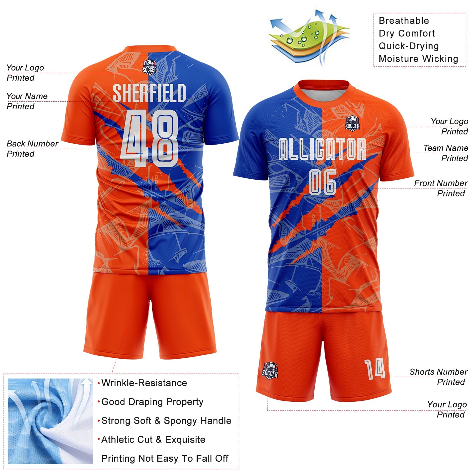 Custom Graffiti Pattern Thunder Blue-Orange Scratch Sublimation Soccer Uniform Jersey