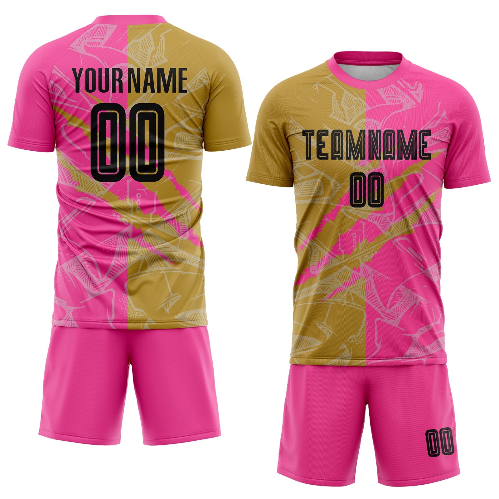 Custom Graffiti Pattern Black Old Gold-Pink Scratch Sublimation Soccer Uniform Jersey
