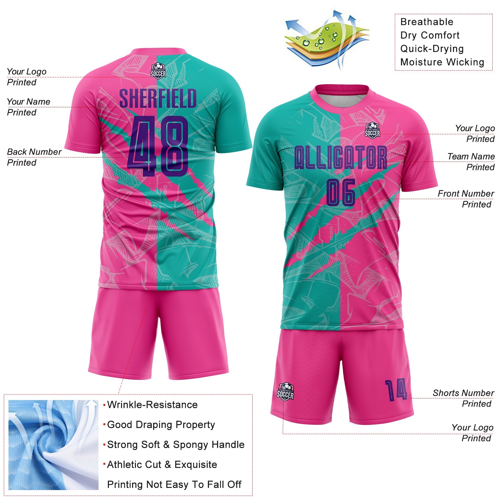 Custom Graffiti Pattern Purple Teal-Pink Scratch Sublimation Soccer Uniform Jersey