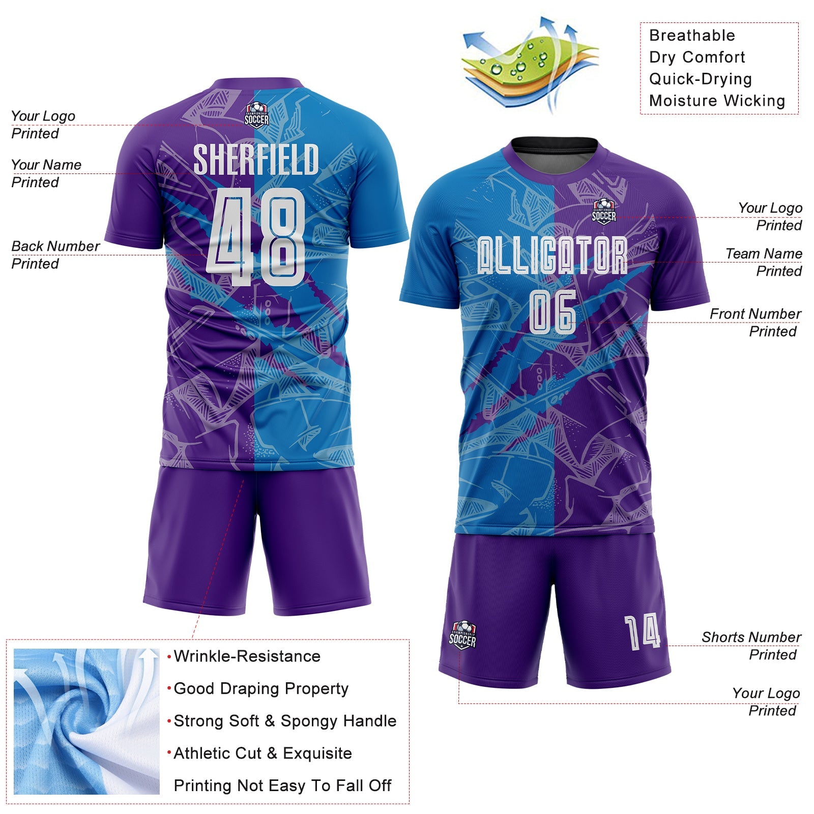 Custom Graffiti Pattern Blue-Purple Scratch Sublimation Soccer Uniform Jersey