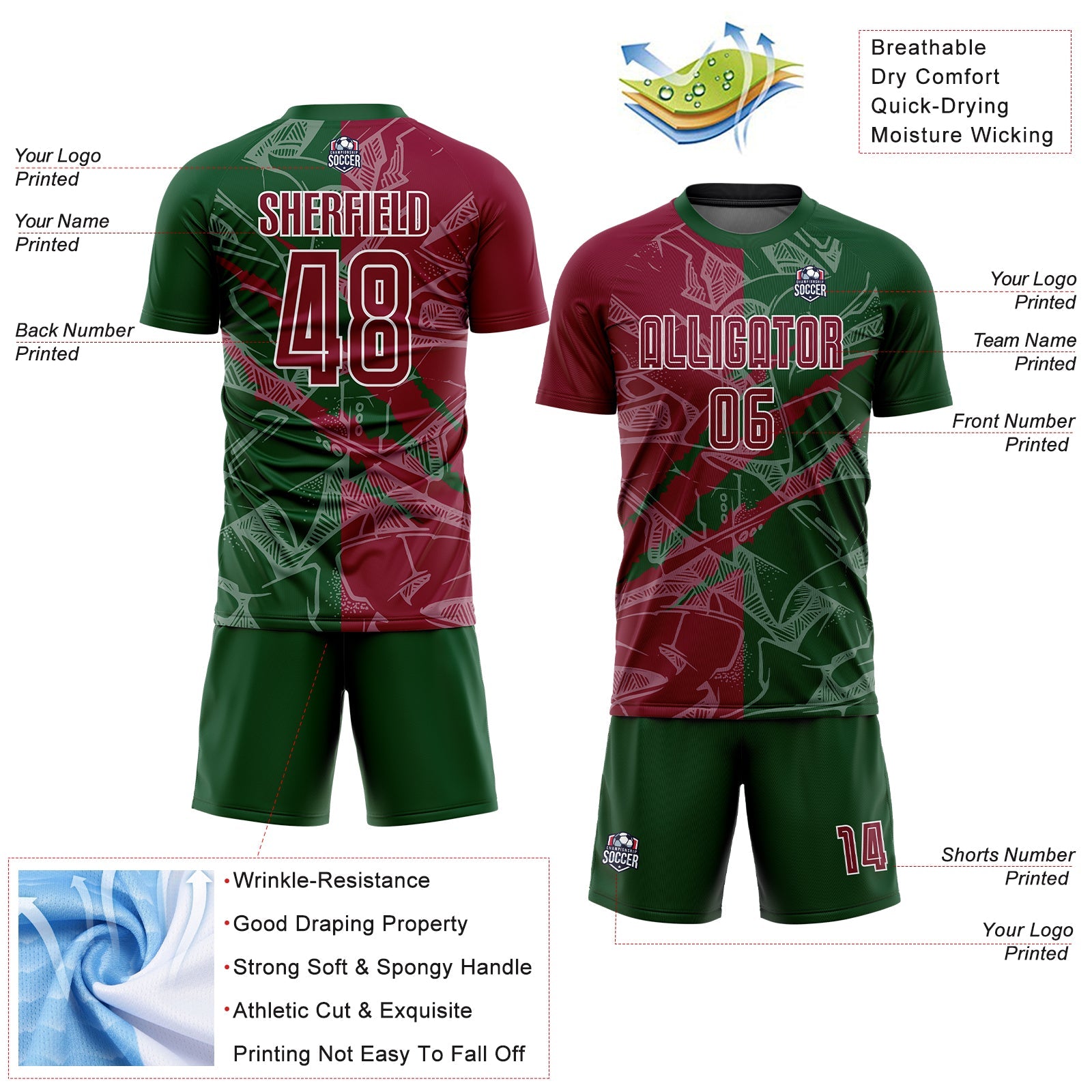 Custom Graffiti Pattern Maroon-Green Scratch Sublimation Soccer Uniform Jersey