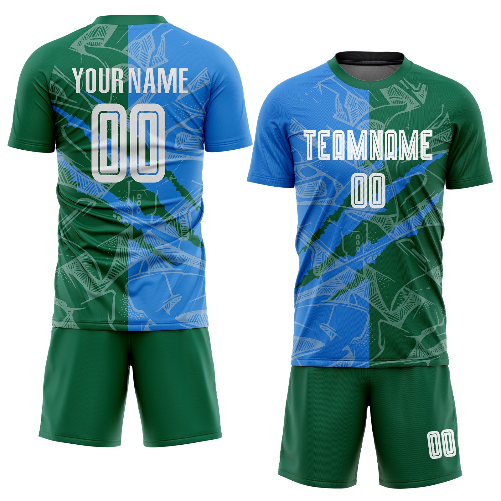 Custom Graffiti Pattern Powder Blue-Kelly Green Scratch Sublimation Soccer Uniform Jersey