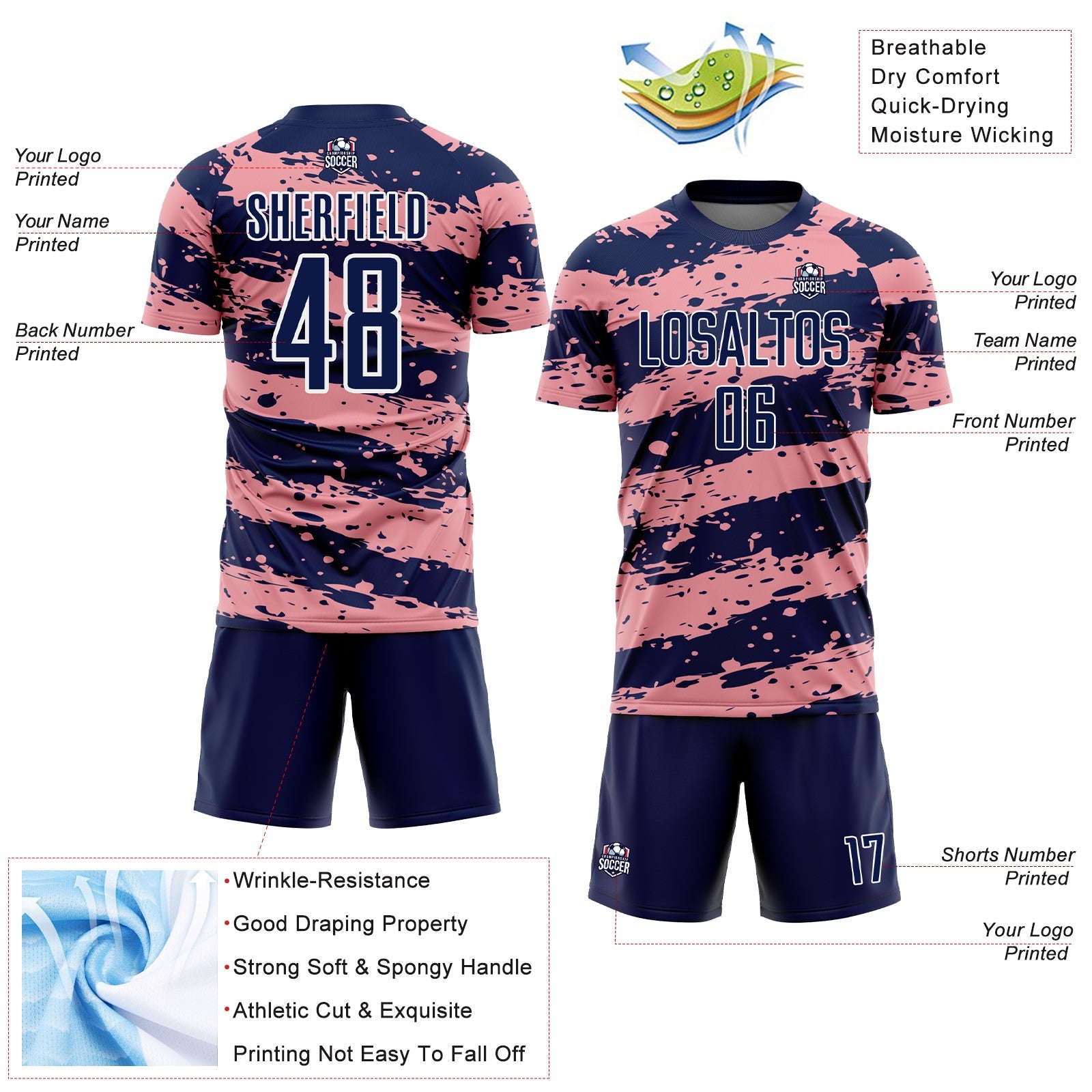 Custom Navy Medium Pink-White Splash Sublimation Soccer Uniform Jersey
