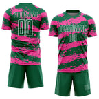 Custom Kelly Green Pink-White Splash Sublimation Soccer Uniform Jersey