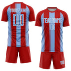 Custom Red Light Blue-White Line Sublimation Soccer Uniform Jersey