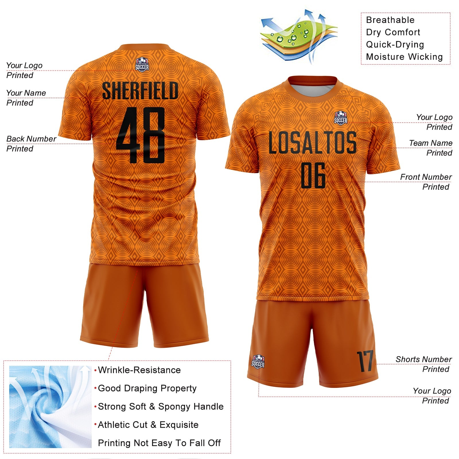 Custom Texas Orange Black-Bay Orange Geometric Shapes Sublimation Soccer Uniform Jersey