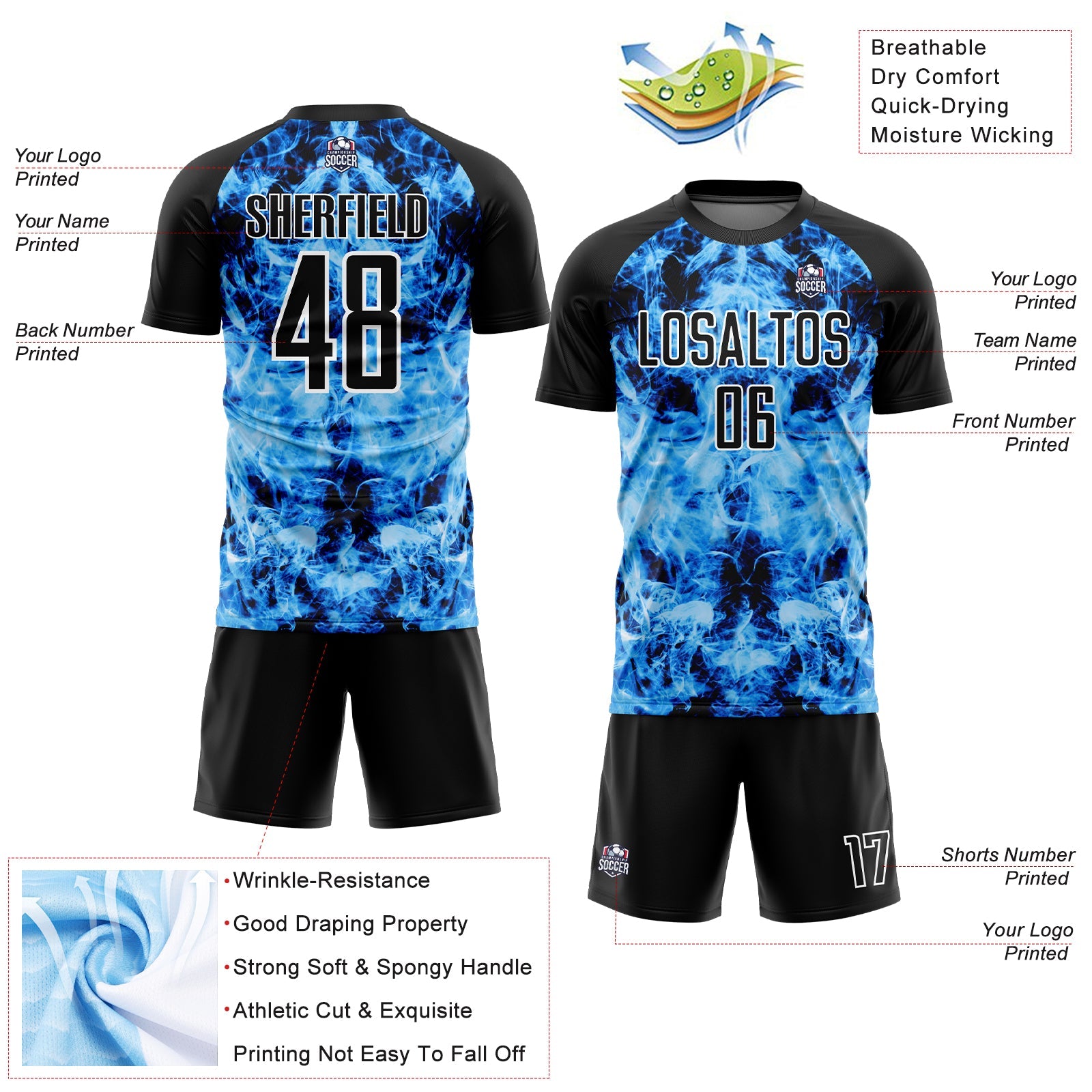 Custom Black Sky Blue-White Flame Sublimation Soccer Uniform Jersey