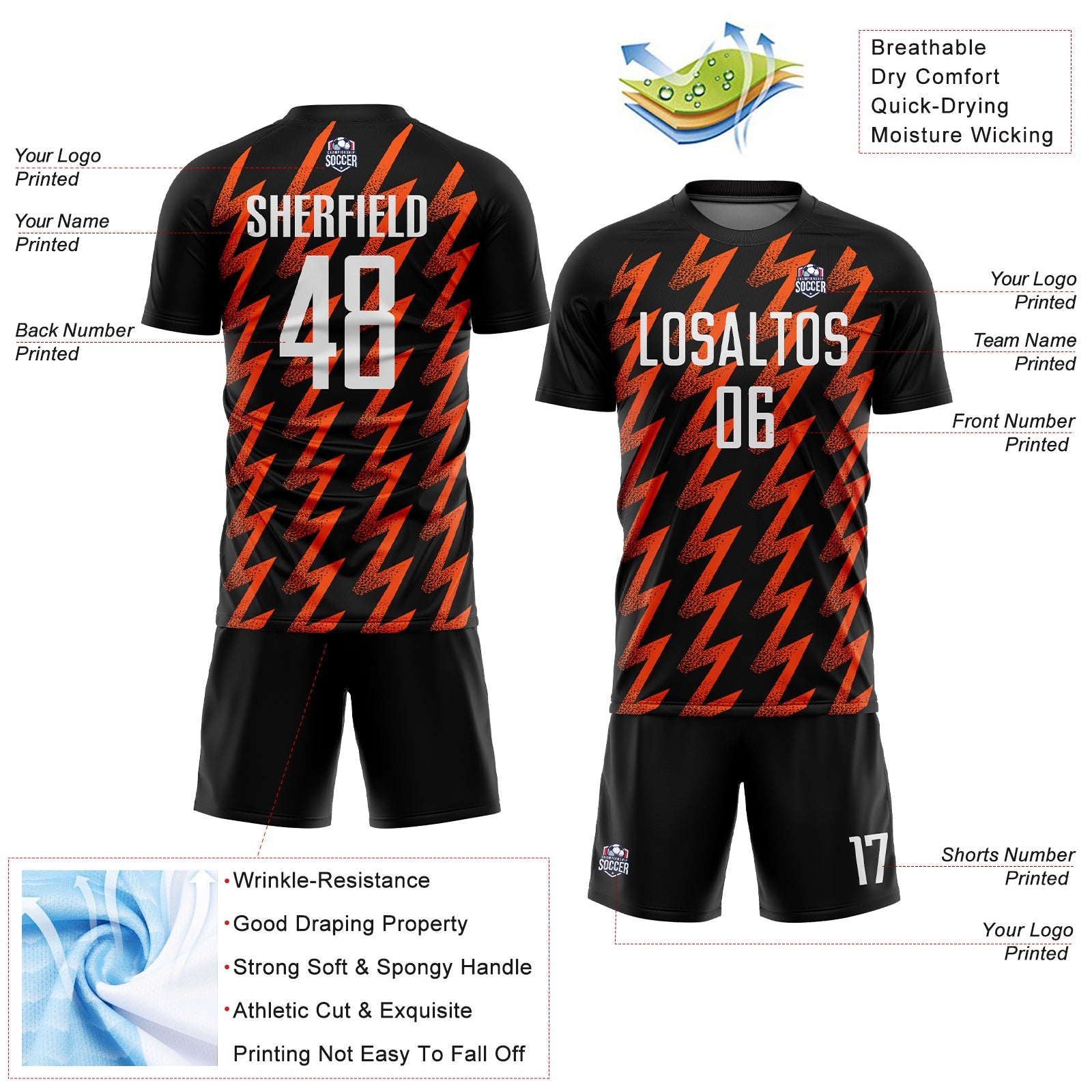 Custom Black White-Orange Zigzag Shape Sublimation Soccer Uniform Jersey