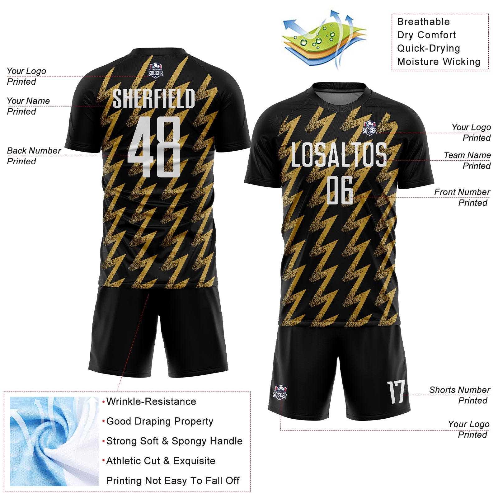 Custom Black White-Old Gold Zigzag Shape Sublimation Soccer Uniform Jersey
